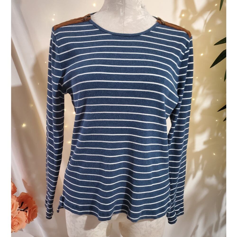 Lauren Ralph Lauren Striped Micro Rib Knit Faux Suede Zip Shoulder Top Size XL
